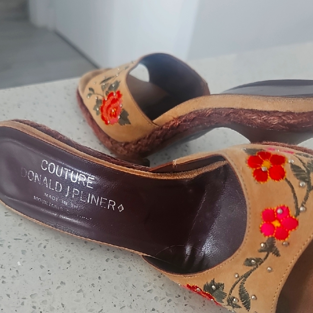 Couture Donald J. Pliner Brown Mules with Red Floral Design
